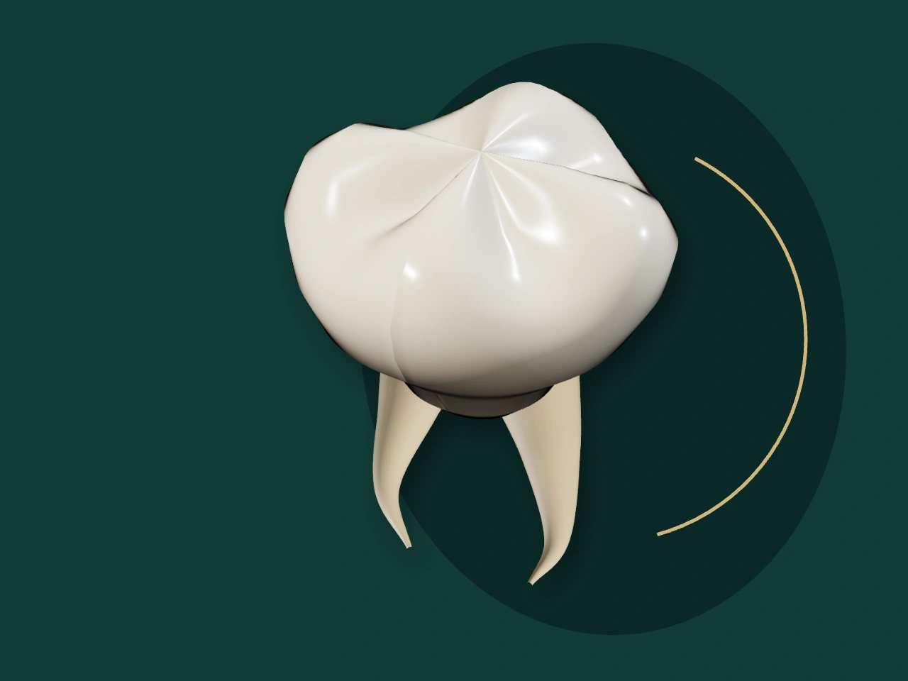 Escultura 3D de um molar com raízes anatômicas sobre fundo verde profundo