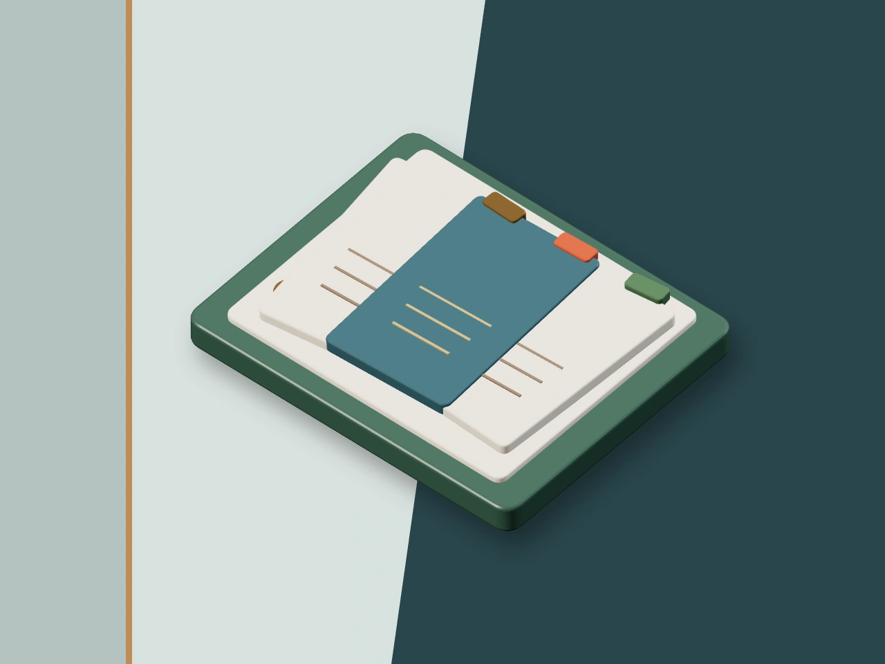Caderno de processo aberto com marcadores coloridos sobre fundo verde-azulado